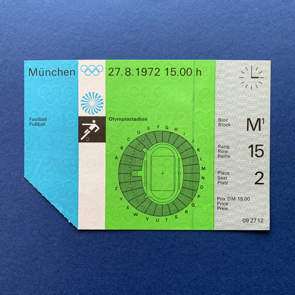 1972 Munich Olympic Football Ticket 27.8.1972 / West Germany vs Malaysia - cover. Buy and sell the best 1972 Munich Olympic collectables with The Print Arkive.