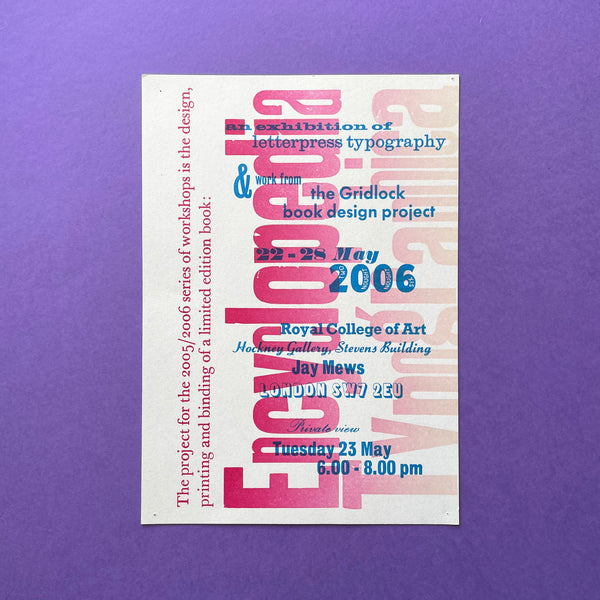 Encyclopaedia Typographica - an exhibition of letterpress typography, RCA Exhibition Invite. Buy and sell the best graphic design books, journals, magazines and posters with The Print Arkive.